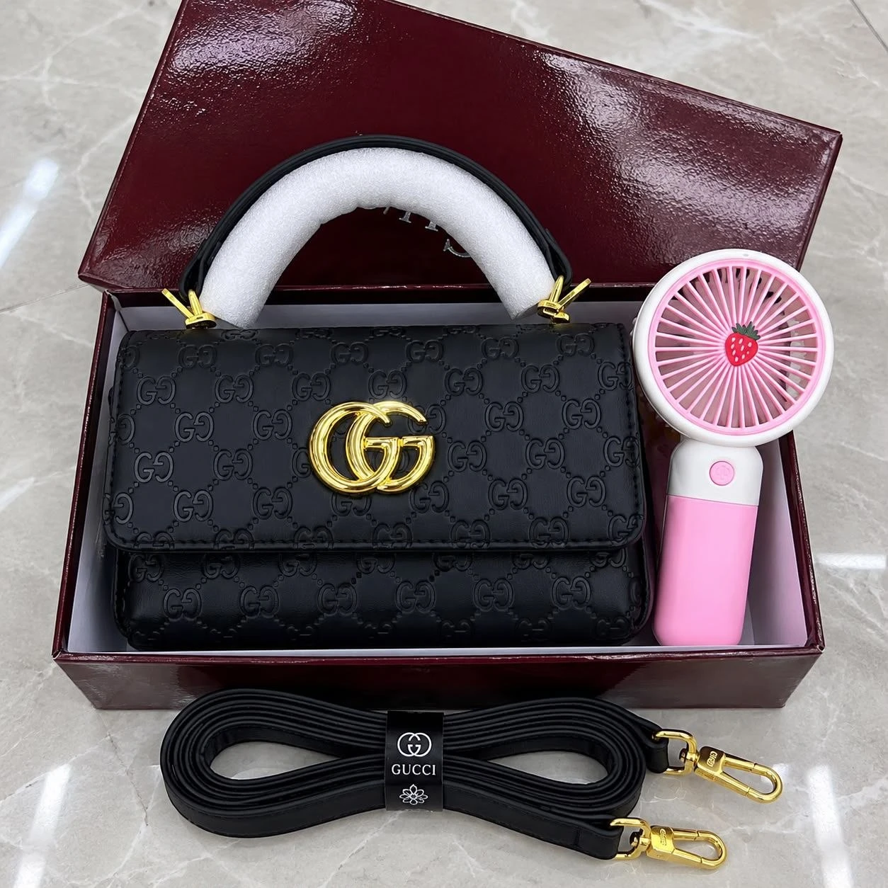 Gucci Monogram Mini Bag & Handheld Fan Gift Set