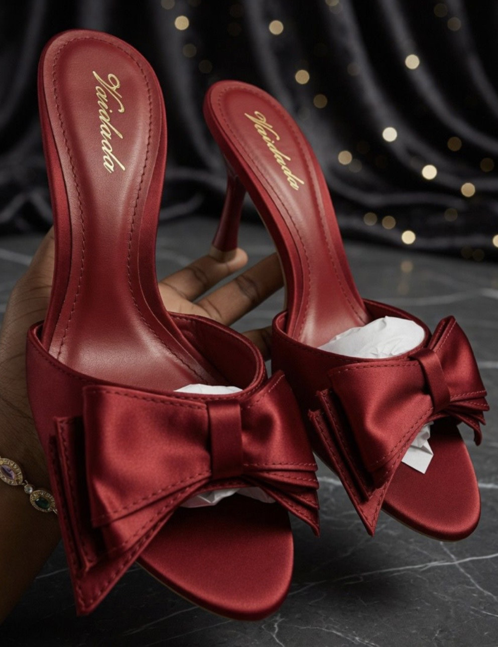 Elegant Bow Knot Slip-On Heeled Sandals for Women - Open Toe Mule Heels (Black, Silver, Gold, Red) Size 37-41