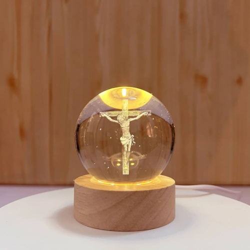 3D Engraved Crystal Ball Night Light with Wooden LED Base | Unique Desk Decor & Gift