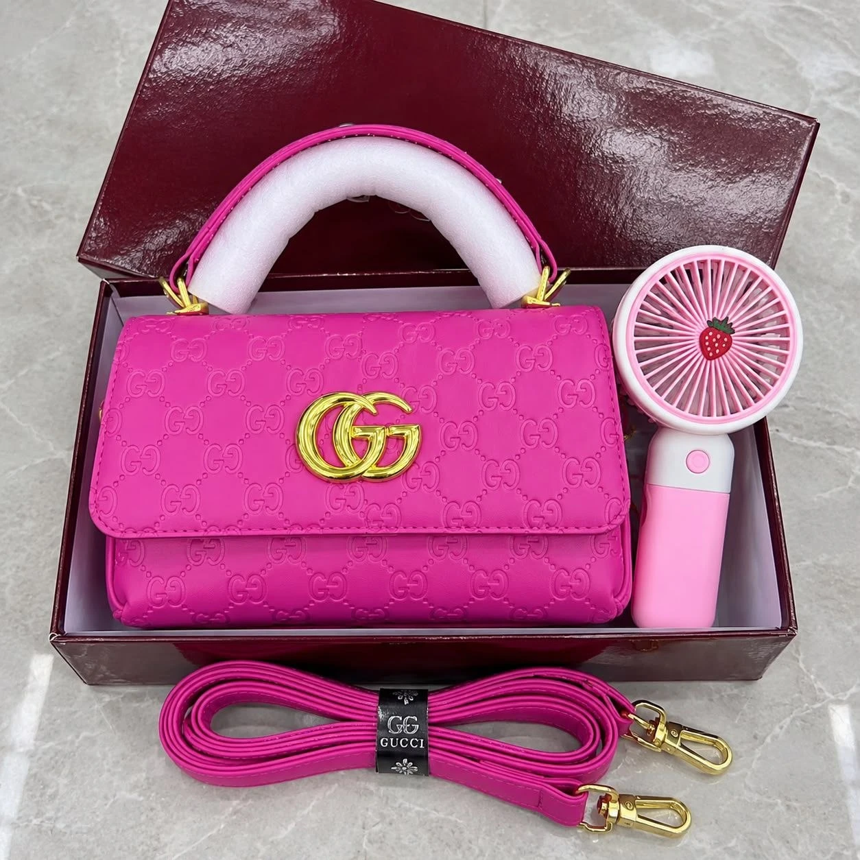 Gucci Monogram Mini Bag & Handheld Fan Gift Set