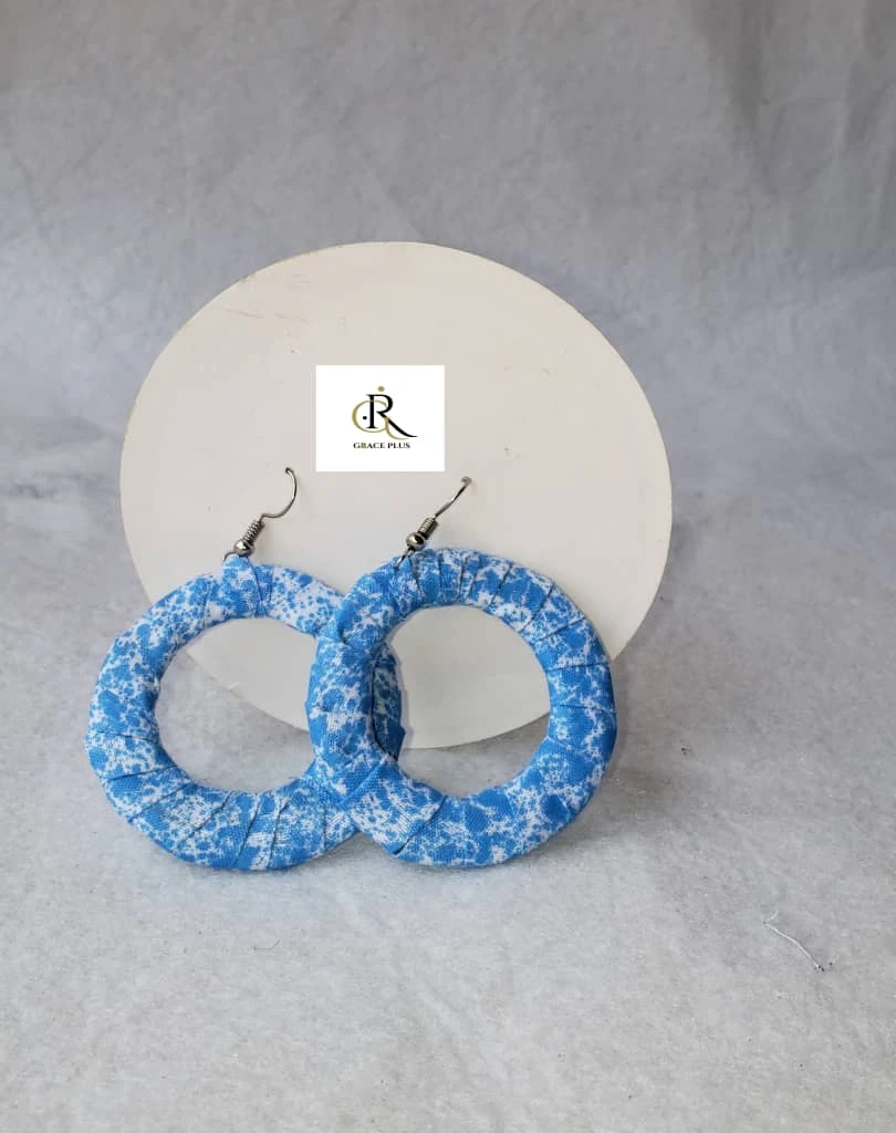 Grace Plus Fabric Wrapped Handmade Hoop Earrings - Blue African Print