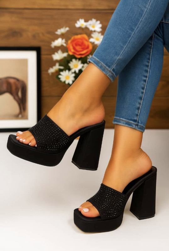 Black Platform Block Heel Slides