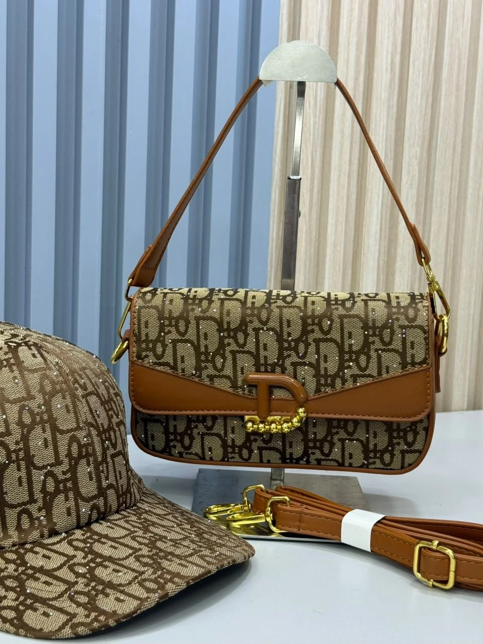 Stylish Women's Monogram Shoulder Bag & Matching Cap Set