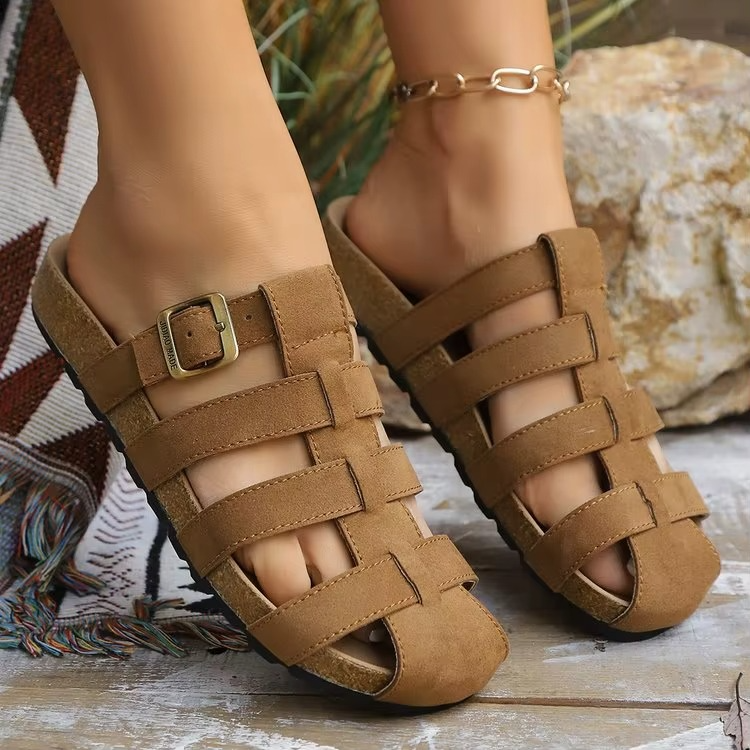 Women’s Casual Home Slippers – Brown Suede Closed-Toe Flat Slides with Buckle Detail (Comfort Indoor Shoes)