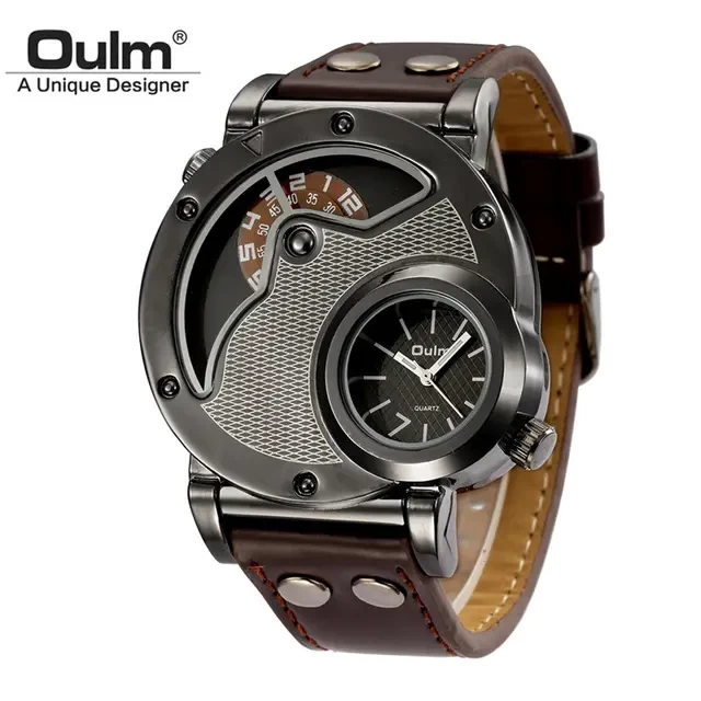 OULM HP9591 Men's Leather Strap  Watch with Stainless Steel Case, Big Face and Dual Time Zones