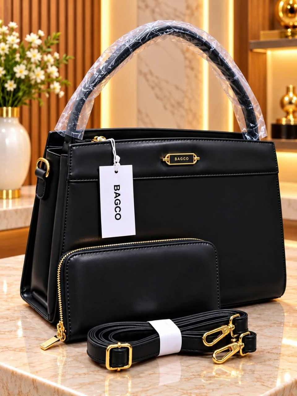 Bagco Premium Leather Woman’s Handbag Set with Strap