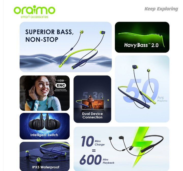 oraimo Necklace 4 ENC Wireless Headphones - 50H Playtime, Bluetooth 5.3, Type-C Charging