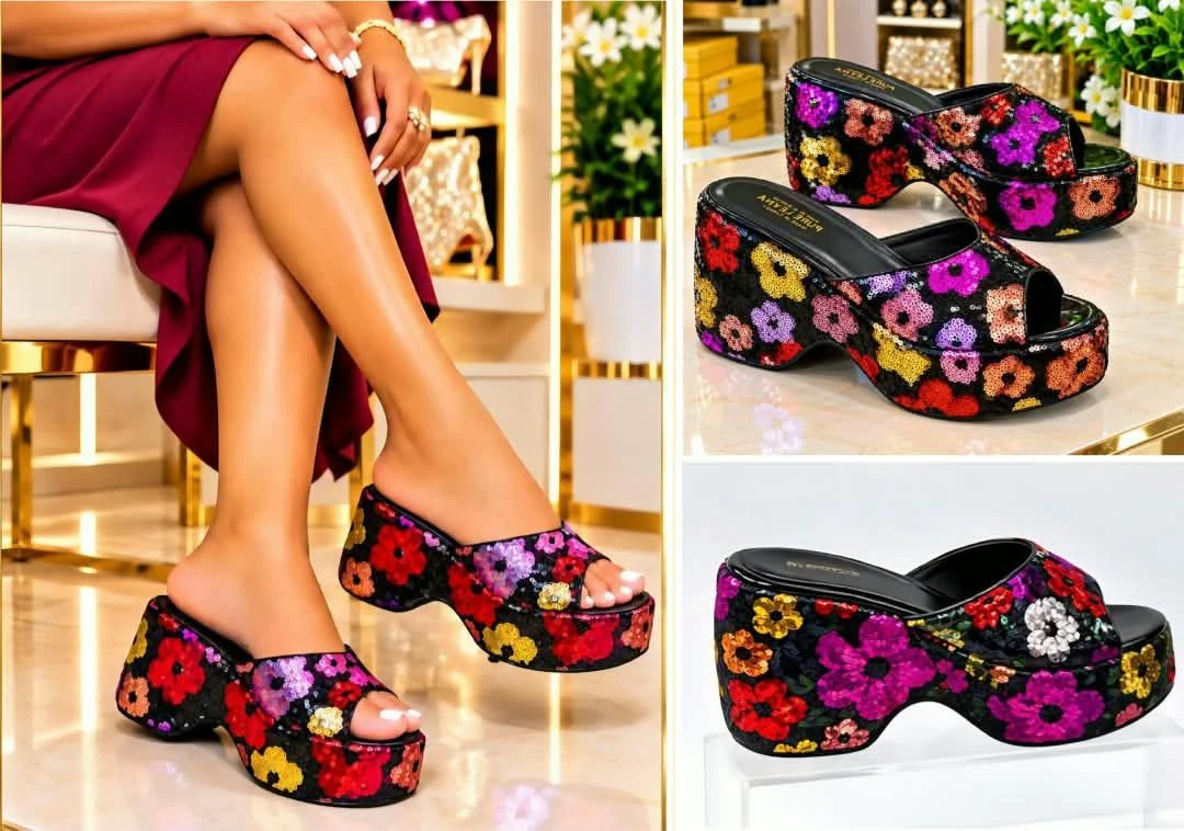 Floral Sequin Platform Mules