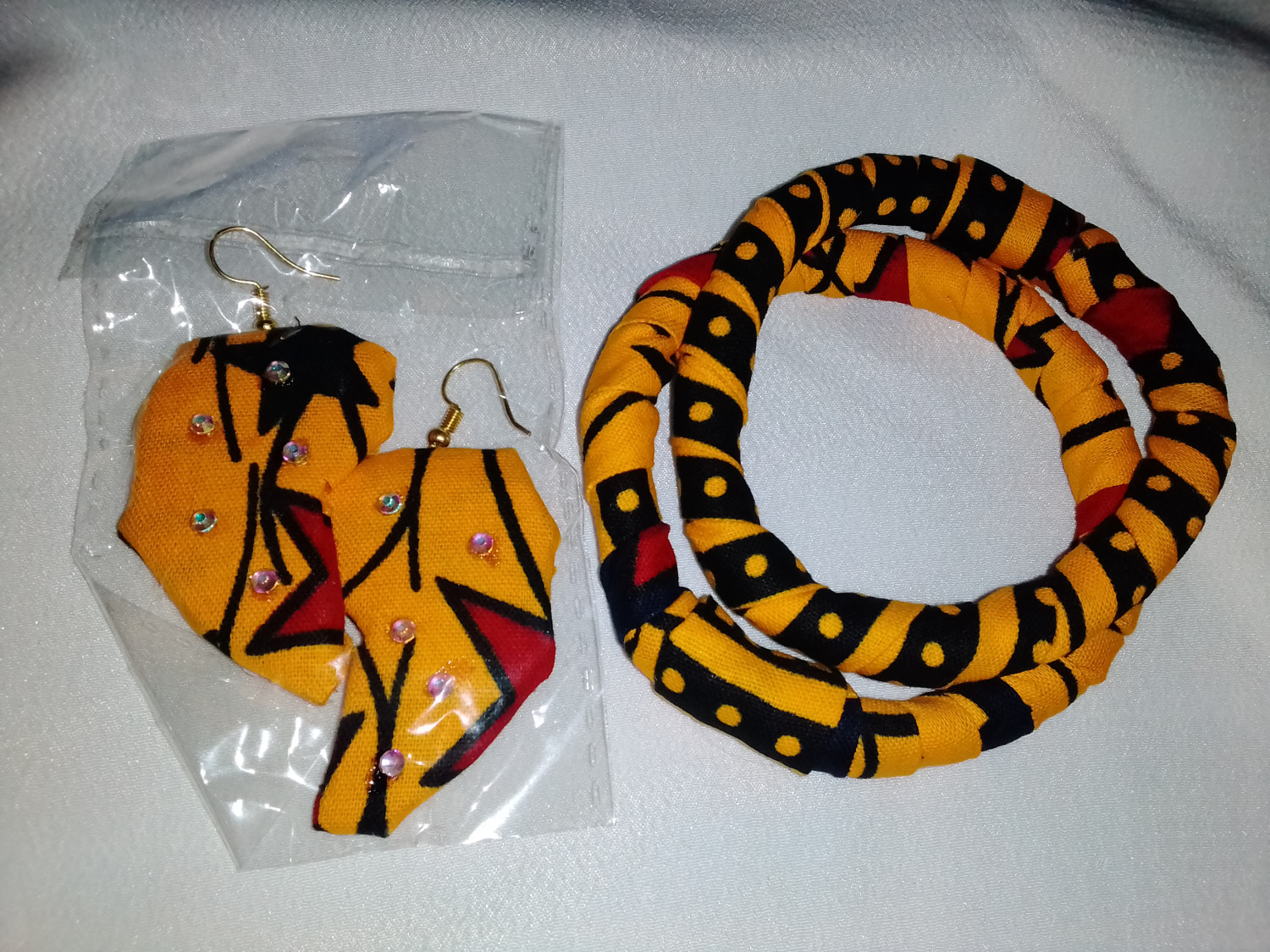 African-print earrings and bangles