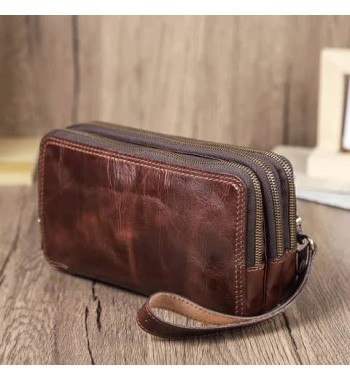 Multi-Zippered Full Grain Oil Leather Clutch Bag For Women Men Unisex Small Crossbody Sling Bag For Cards Cash Daily Stuff