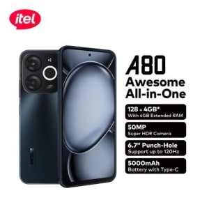 Itel A80 - 6.7" Android 14 Smartphone, 4GB RAM, 128GB ROM, 50MP Super HDR Camera, 5000mAh Battery & Dynamic Bar