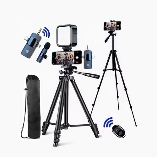 3 in1 Lapel Mic 53'' Tripod Stand LED Light YouTube Video Making Kit