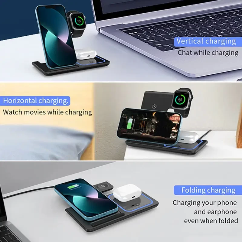 Portable 3 in one Charging Dock Station 15W Fast Charge Foldable 3 in 1 Wireless Charger