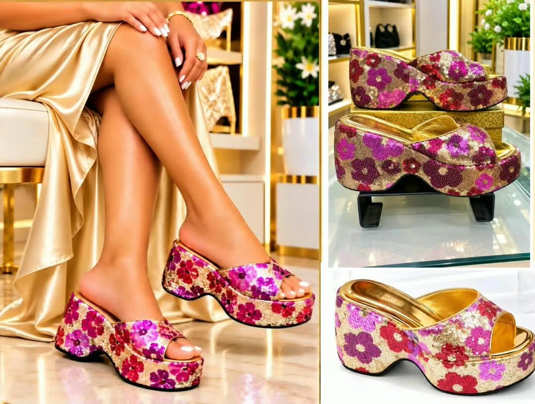 Floral Sequin Platform Mules