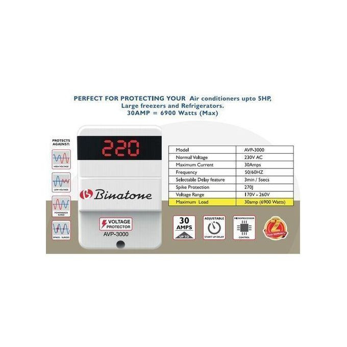 Binatone AVP-3000 Automatic Voltage Protector (13A / 3000W) with Surge Protection & Delay Control