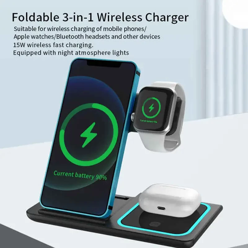 Portable 3 in one Charging Dock Station 15W Fast Charge Foldable 3 in 1 Wireless Charger