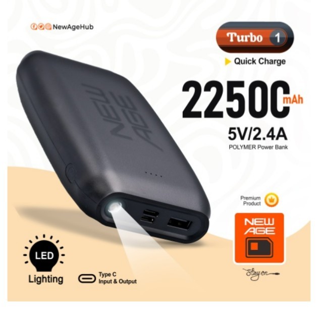 New Age Turbo 1 22500mAh Power Bank | Portable Charger with Torch Light