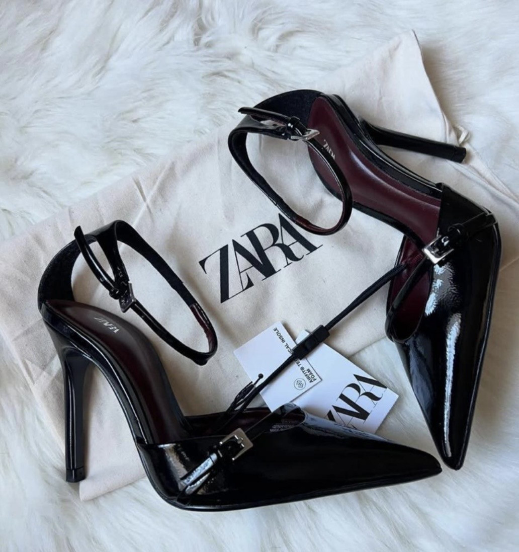 Chic Pointed Toe Ankle Strap Stiletto Heels for Women – Glossy Finish (Black, Red, Gold) Size 37–42