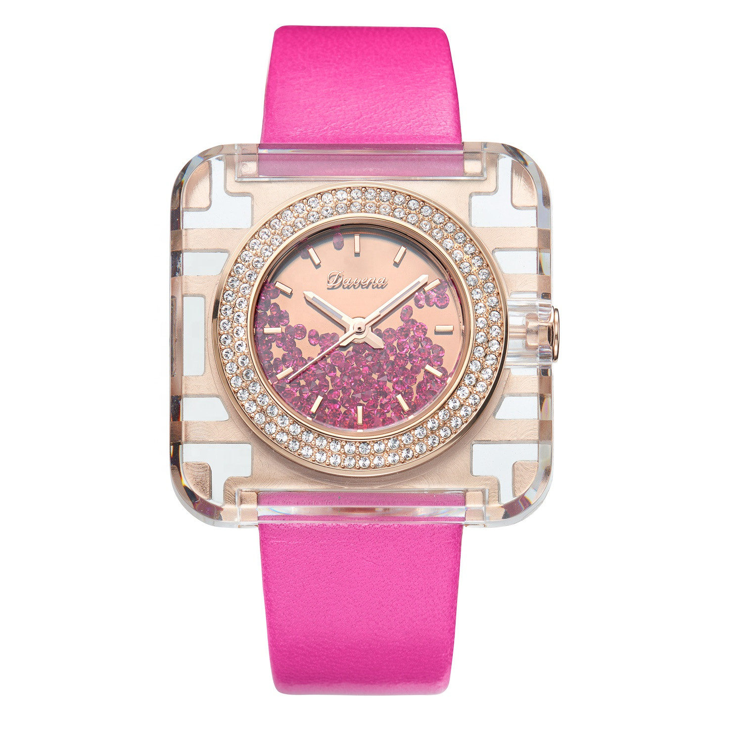 Luxury Transparent Plastic Case Leather Wrist Watch for Ladies