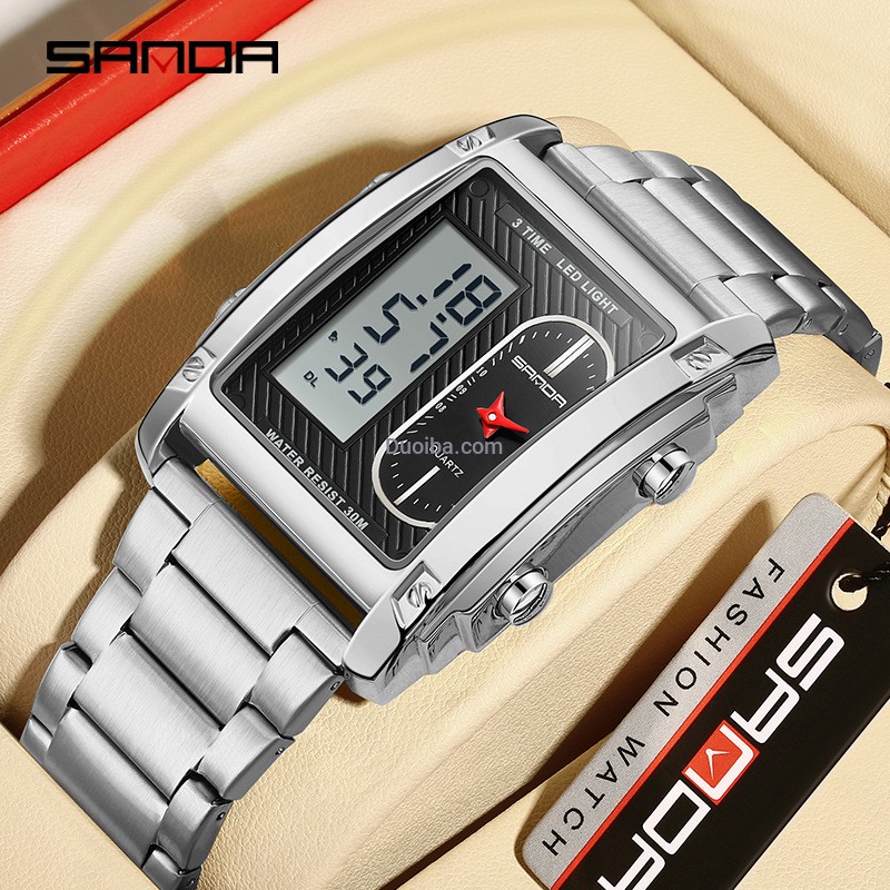 Sanda 3328 Men's Waterproof Dual Display Watch – Square Dial, Analog Quartz & LED, Silicone Strap, Backlight Sports Watch