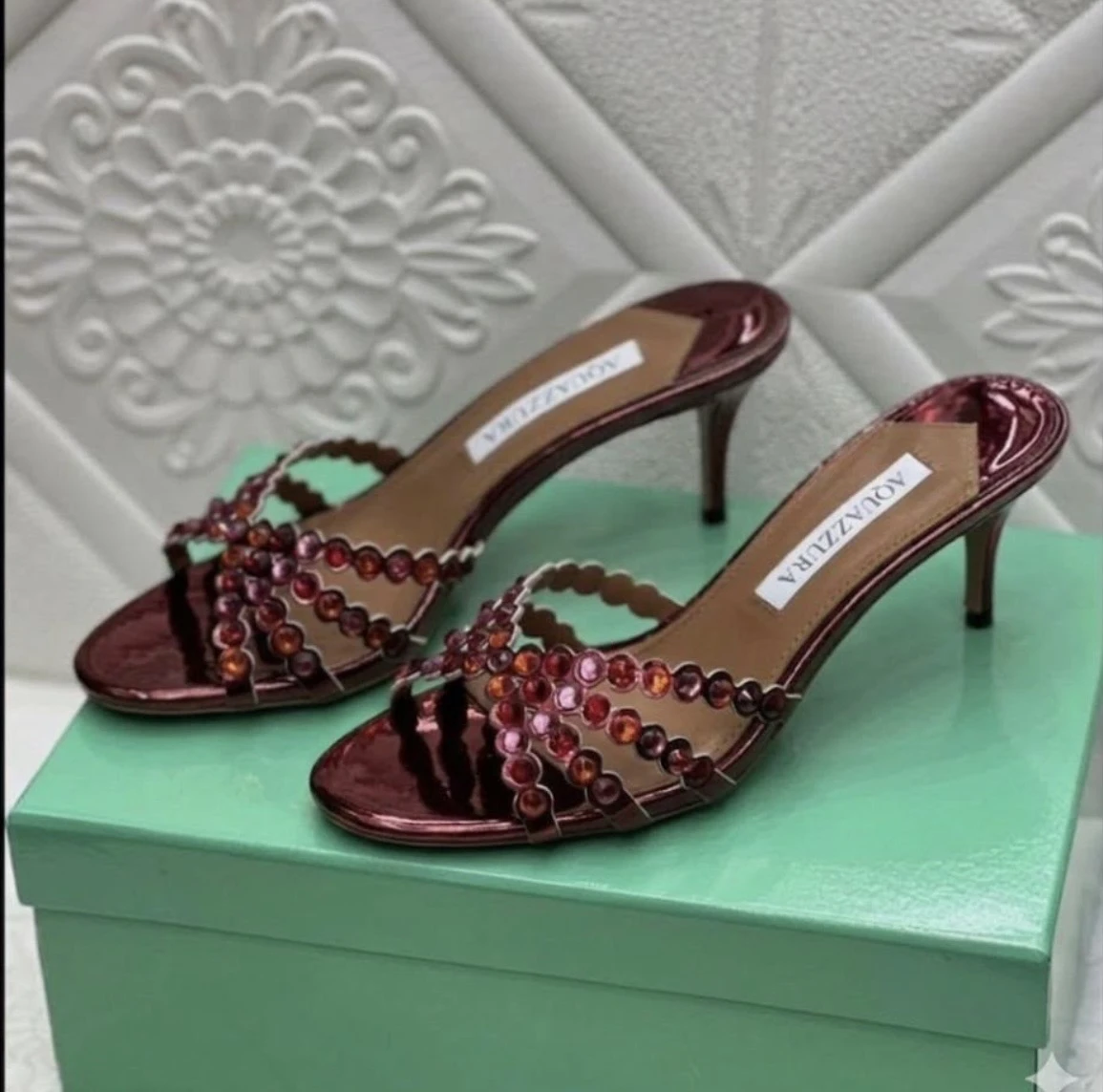 Elegant Crystal Beaded Mule Heels for Women – Open Toe Party Sandals (Black, White, Wine Red) Size 38-43